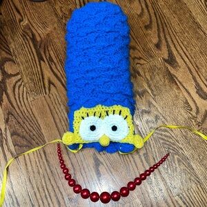 Marge Simpson crocheted head piece and pearls